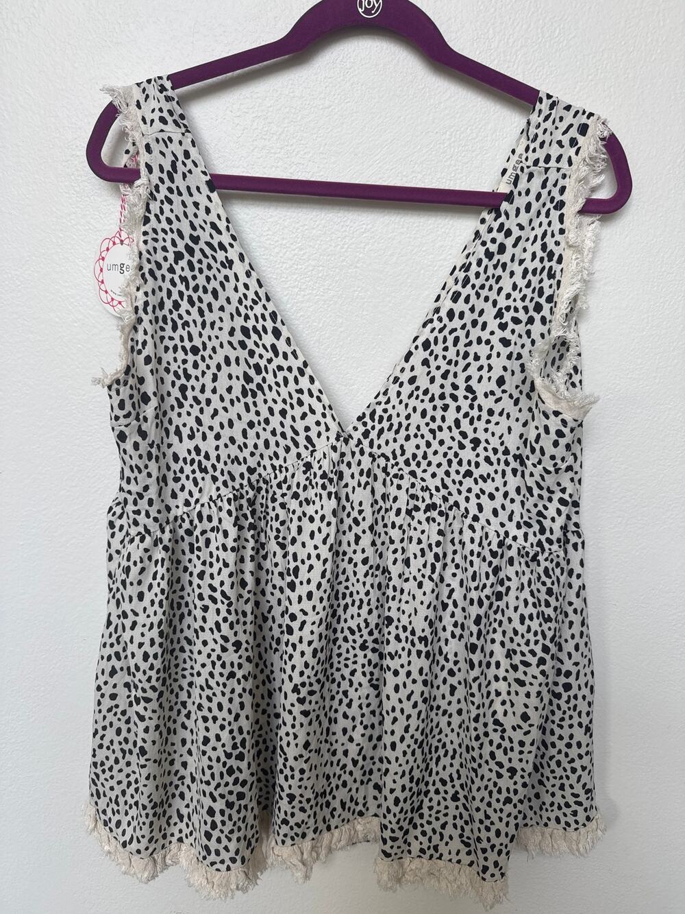 Umgee Boho Spot Animal Print Fringe Hem Tank Top Cream Black Women's M NWT